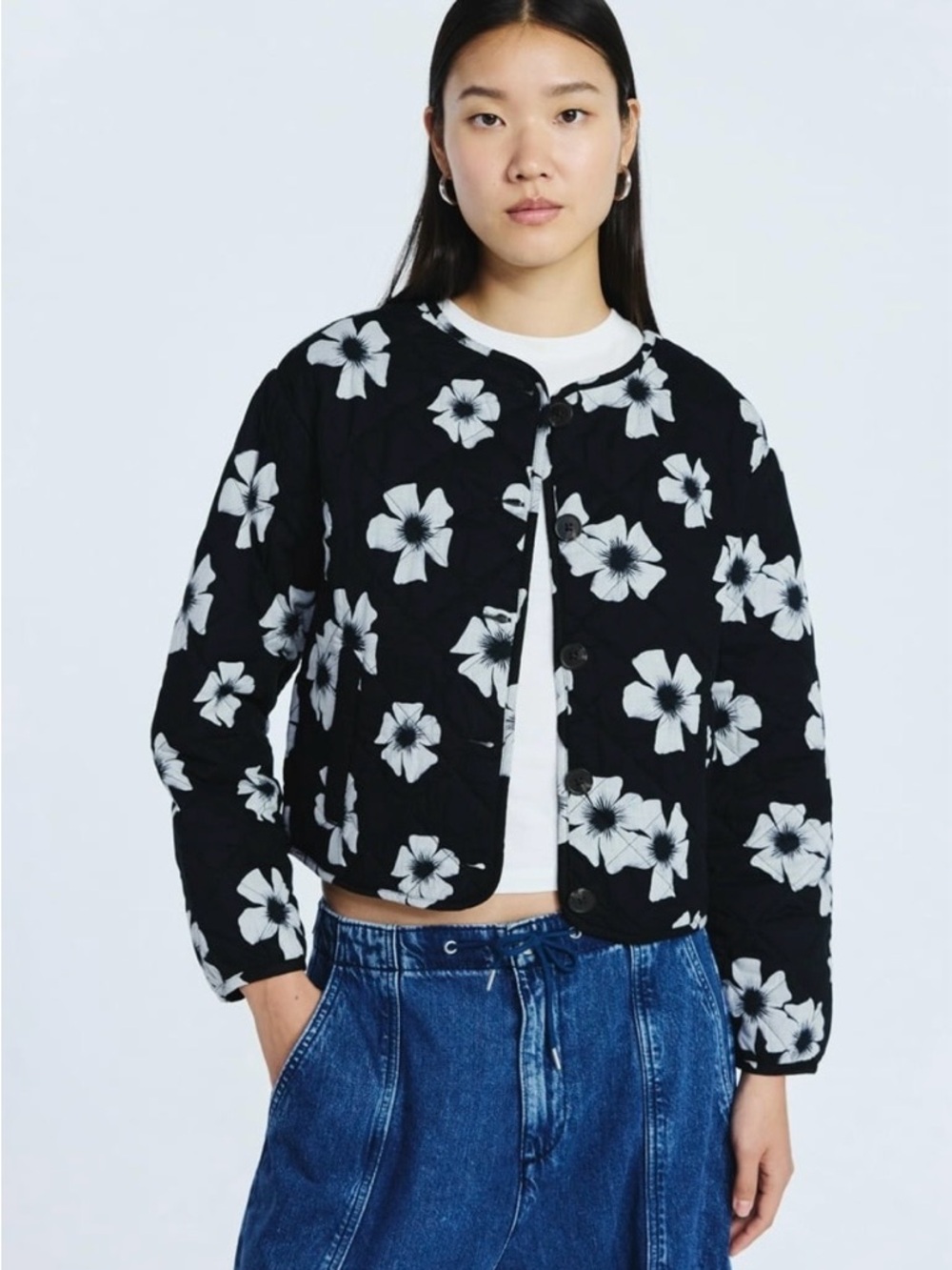 Black Floral Quilted Crop Puffer Jacket